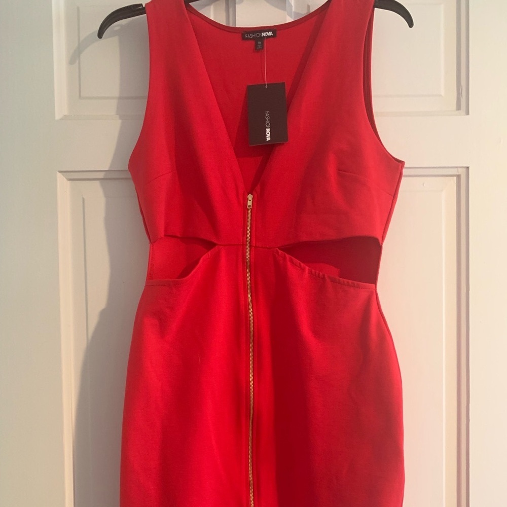 Fashion NOVA red dress with a front zipper & side slits